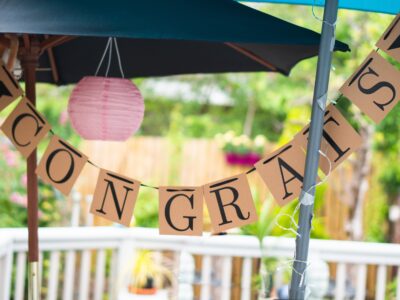 Celebration bunting that says 'Congratulations'