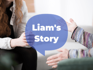 A female counsellor and a young person's hands. A speech bubble shows: 'Liam's Story' (Liam - a young person who went through counselling with Youth Talk)