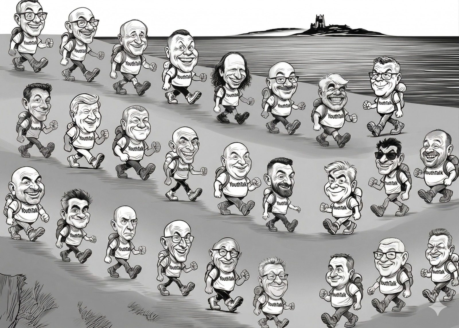 Cartoon caricature image of the men who are taking on the challenge